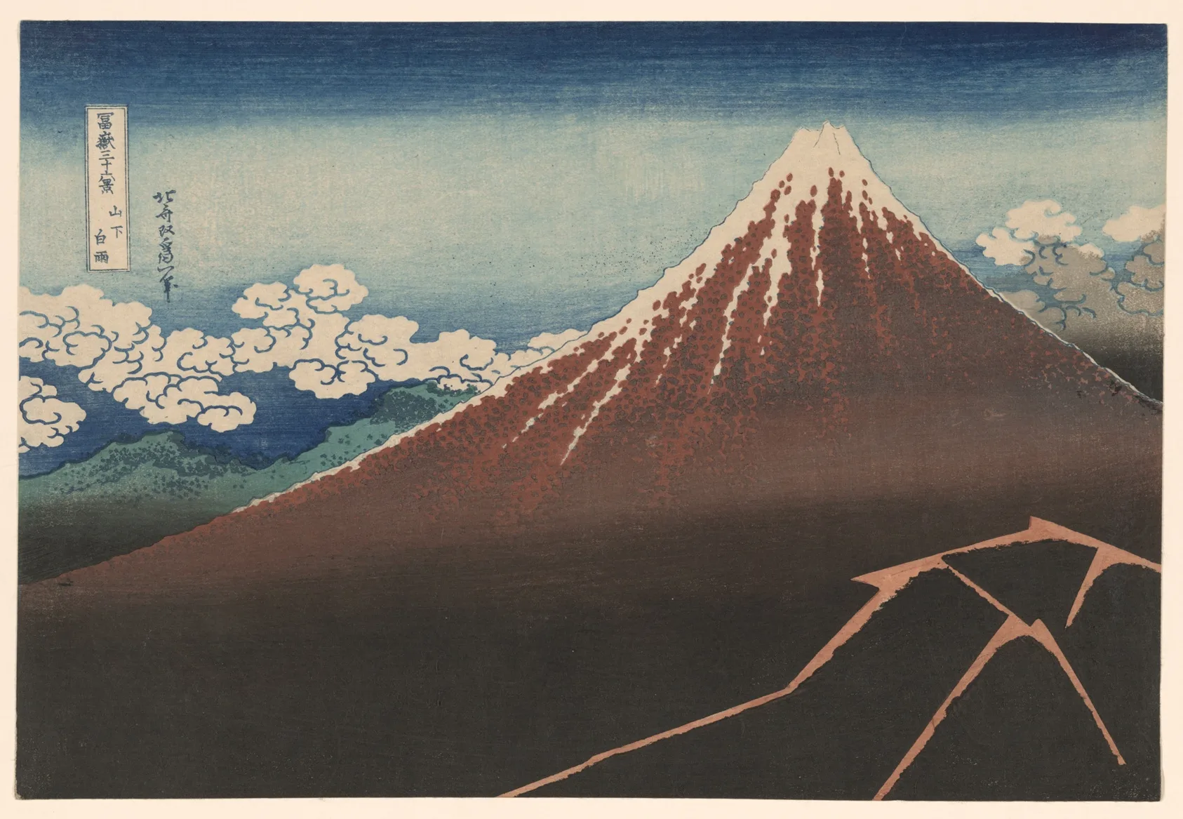 Mount Fuji fills the print, with clouds beside its summit and red lightning across its dark lower slope